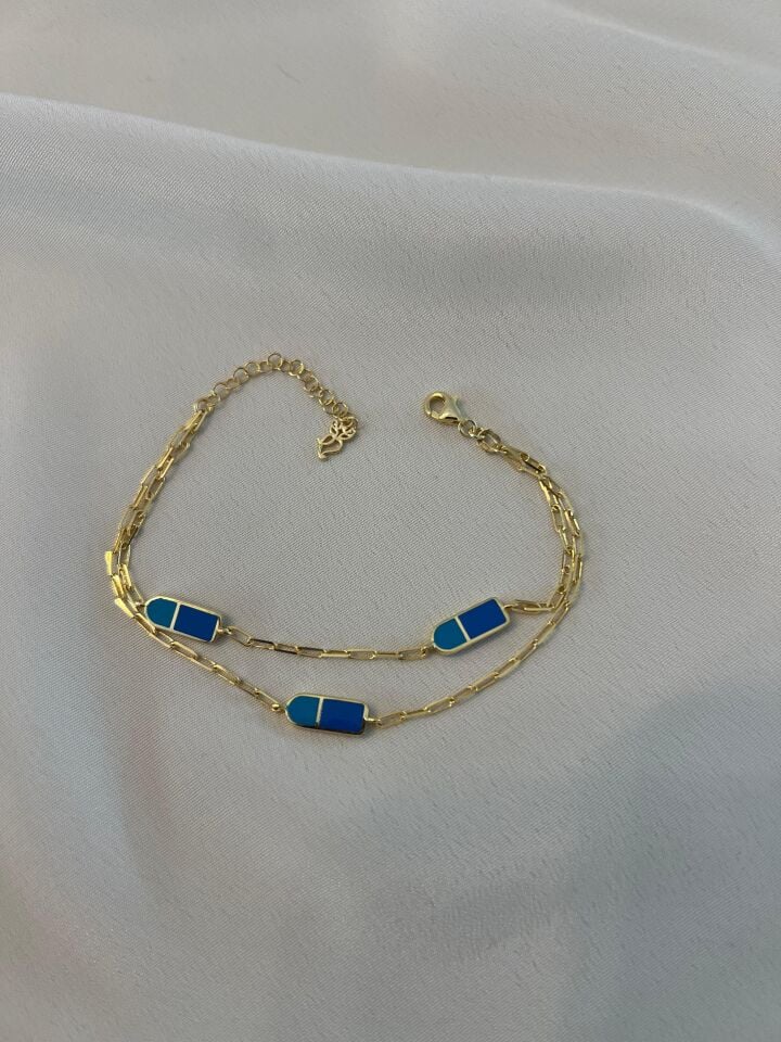 3'lü Mavi Mineli Geometrik Gümüş Bileklik