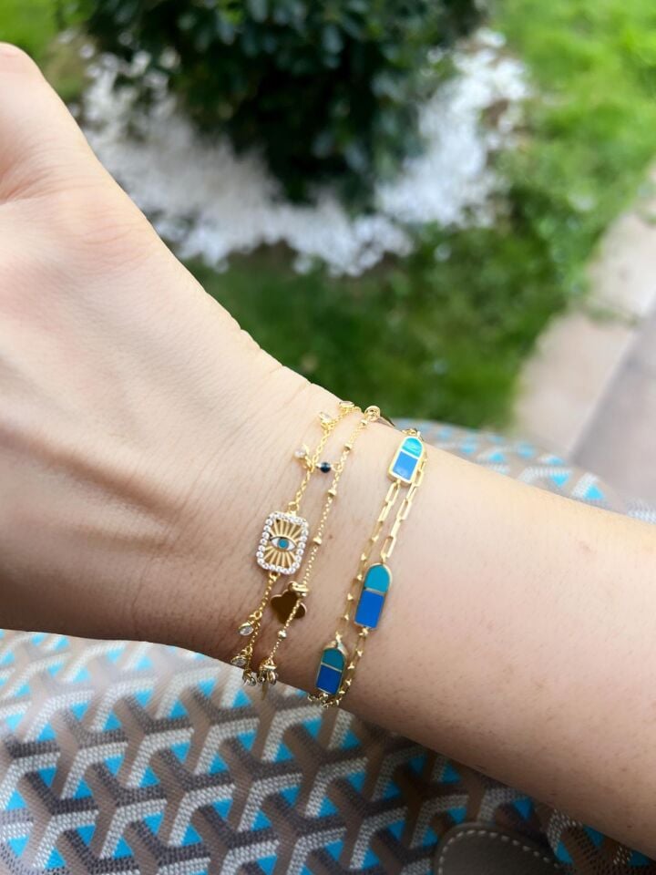 3'lü Mavi Mineli Geometrik Gümüş Bileklik