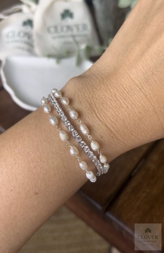 Gerçek İnci Dizimi Gümüş Bileklik