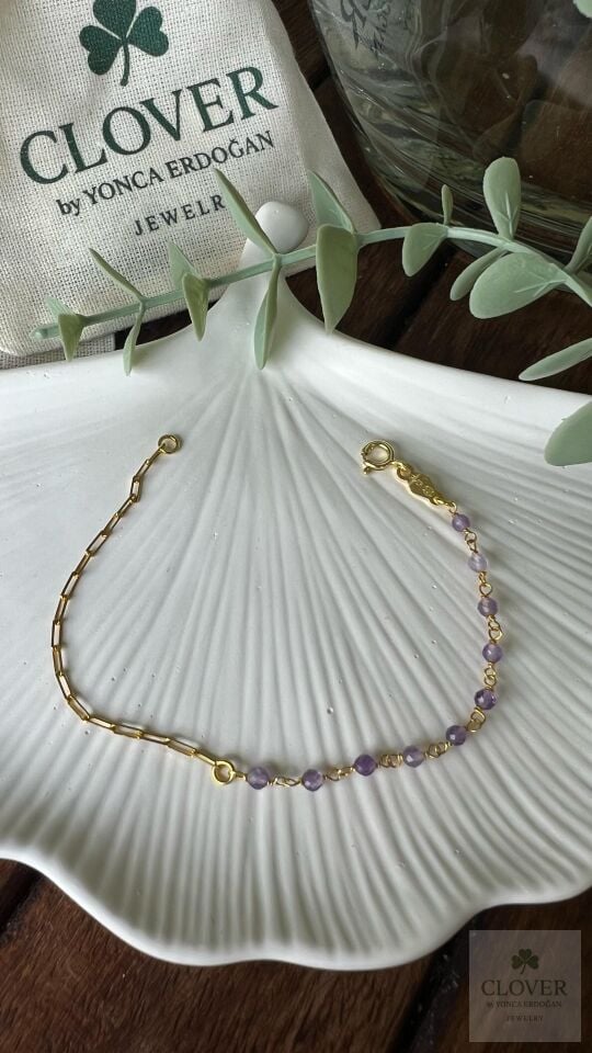 Ametist Taşlı Gümüş Zincir Bileklik